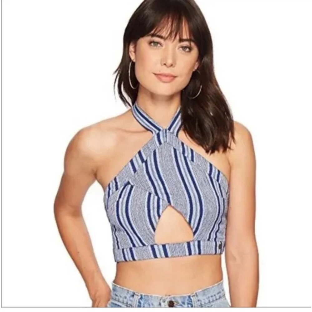 Roxy Blue Striped Cropped Tie Halter Top Size M